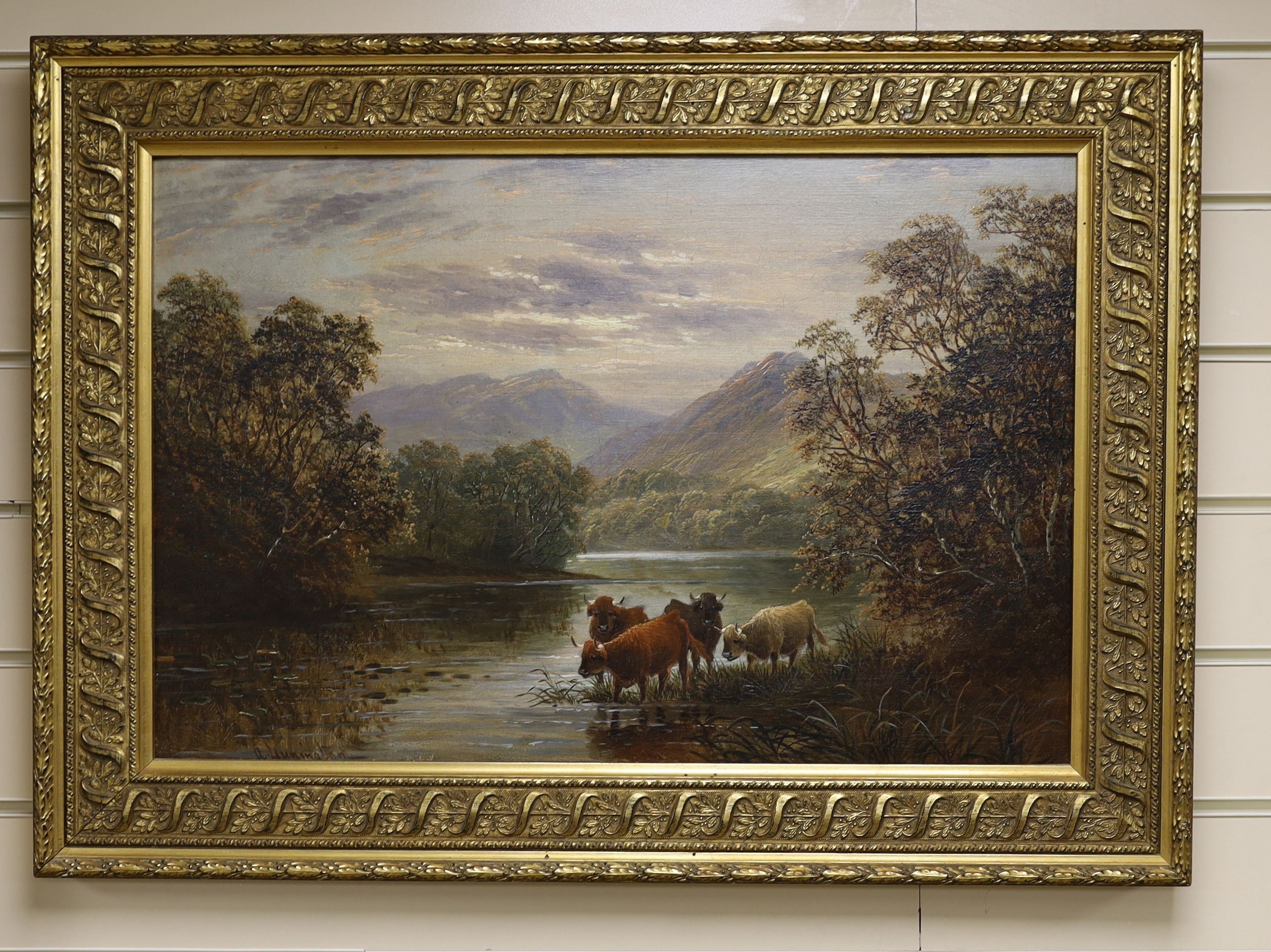 Albert Dunington (1860-1928), oil on canvas, Highland cattle watering, signed, 40 x 60cm